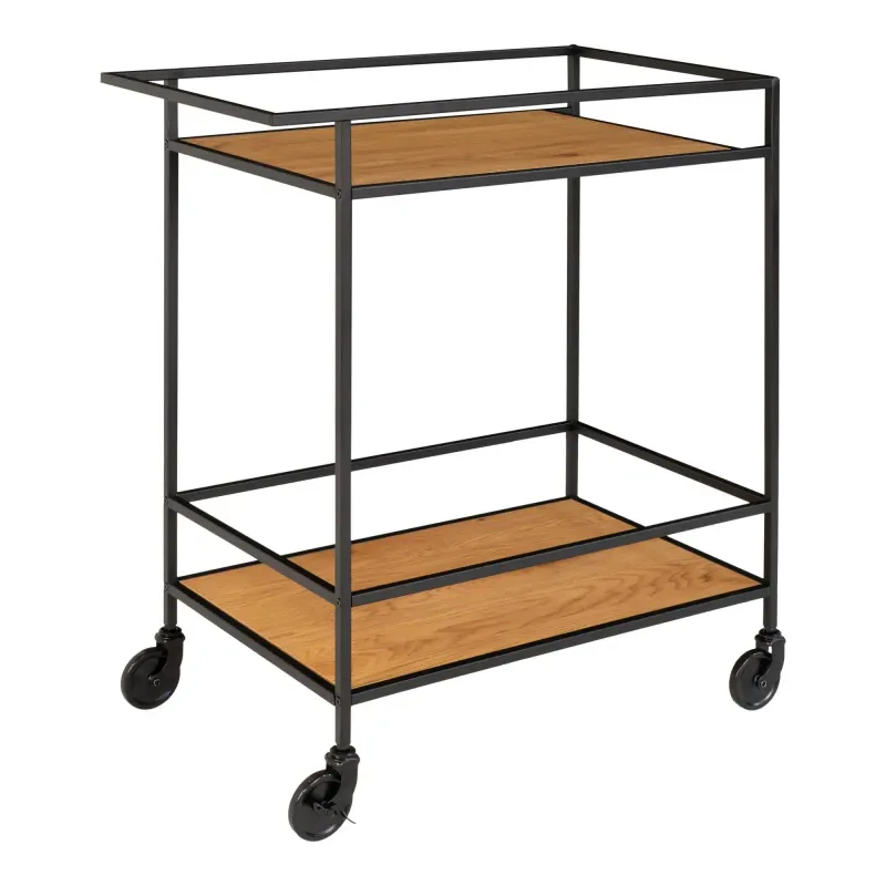 Barvogn Med Sort Ramme På Hjul Og To Egetræslook Hylder 68x40x79 Cm 2101535
