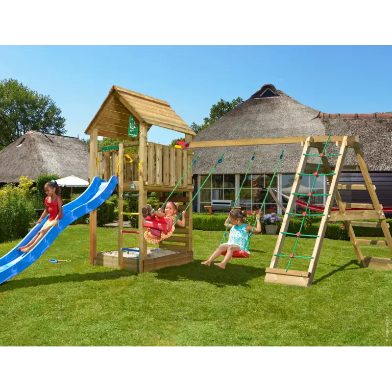 Legetårn Komplet Jungle Gym Cabin Inkl Climb Modul 120 Kg Sand Og Blå Rutsjebane