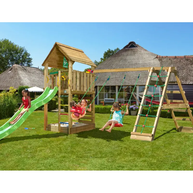 Legetårn Komplet Jungle Gym Cabin Inkl Climb Modul 120 Kg Sand Og Grøn Rutsjebane