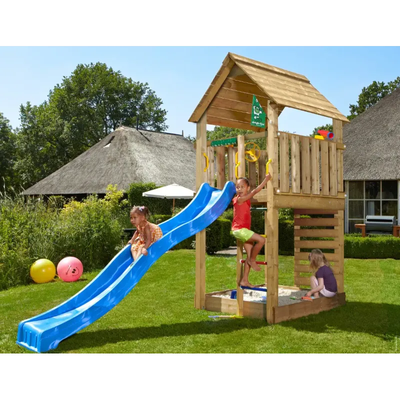 Legetårn Komplet Jungle Gym Cabin Inkl 120 Kg Sand Og Blå Rutsjebane