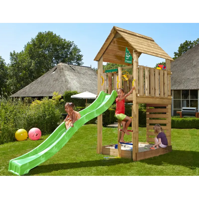 Legetårn Komplet Jungle Gym Cabin Inkl 120 Kg Sand Og Grøn Rutsjebane