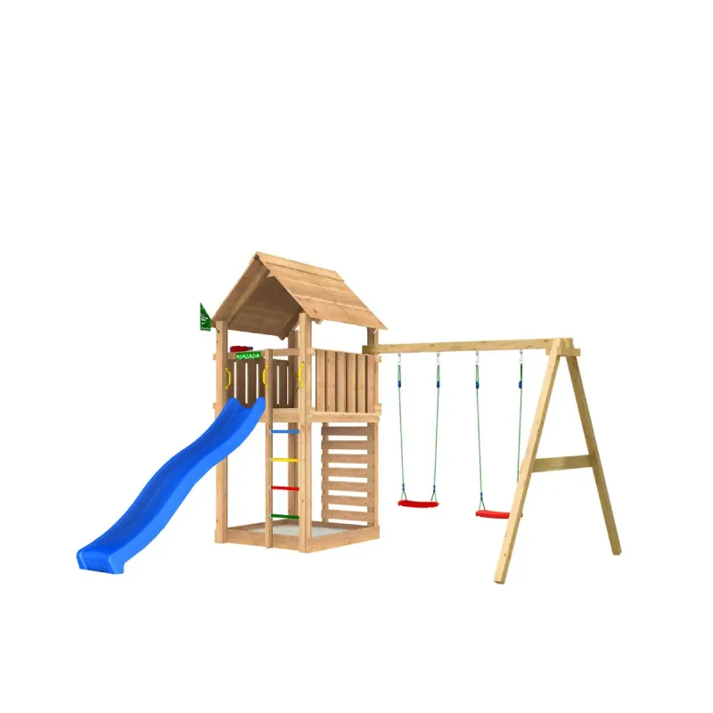 Legetårn Komplet Jungle Gym Cabin Inkl Swing Modul 120 Kg Sand Og Blå Rutsjebane