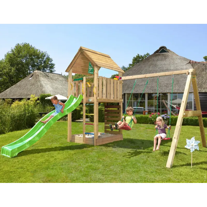 Legetårn Komplet Jungle Gym Cabin Inkl Swing Modul 120 Kg Sand Og Grøn Rutsjebane