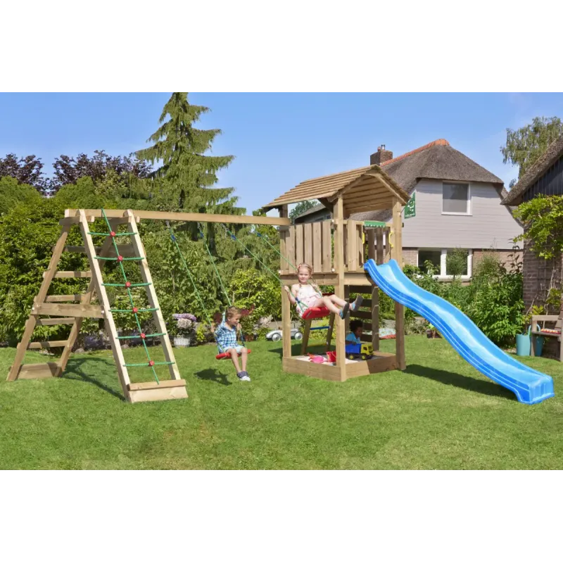 Legetårn Komplet Jungle Gym Cottage Inkl Climb Modul 120 Kg Sand Og Blå Rutschebane