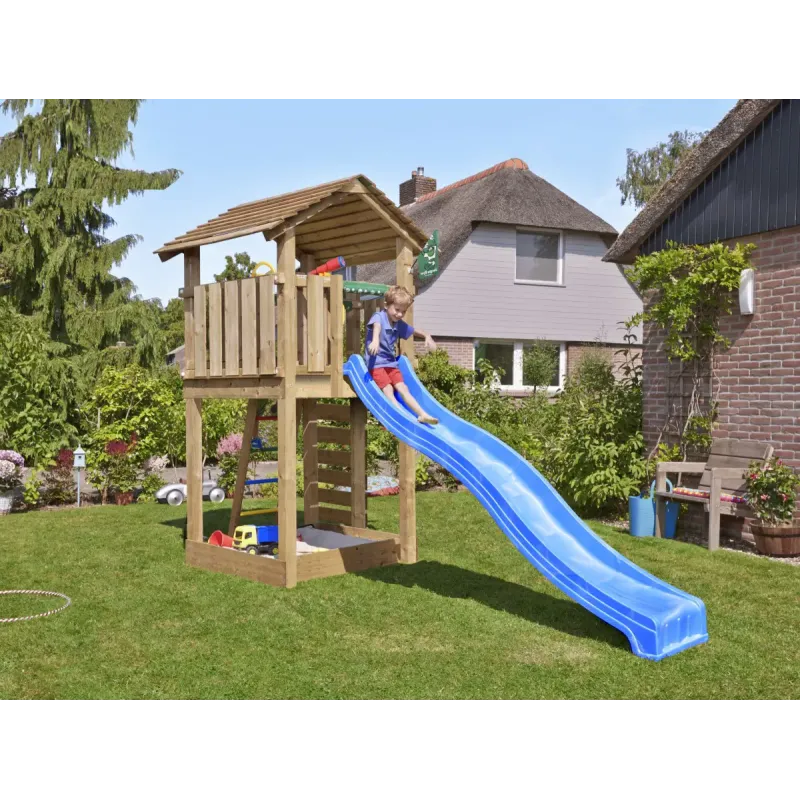 Legetårn Komplet Jungle Gym Cottage Inkl 120 Kg Sand Og Blå Rutschebane