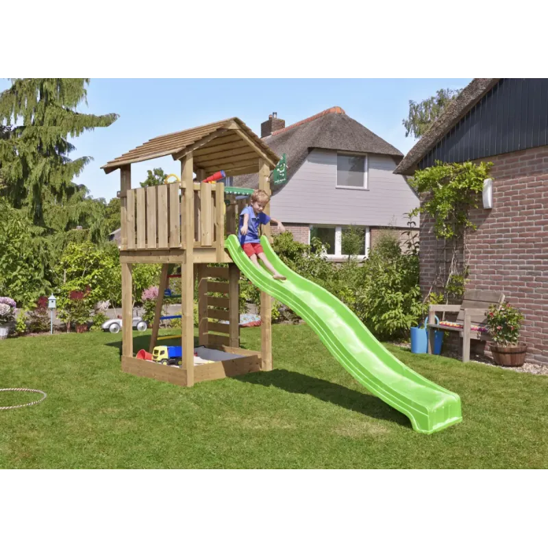 Legetårn Komplet Jungle Gym Cottage Inkl 120 Kg Sand Og Grøn Rutschebane