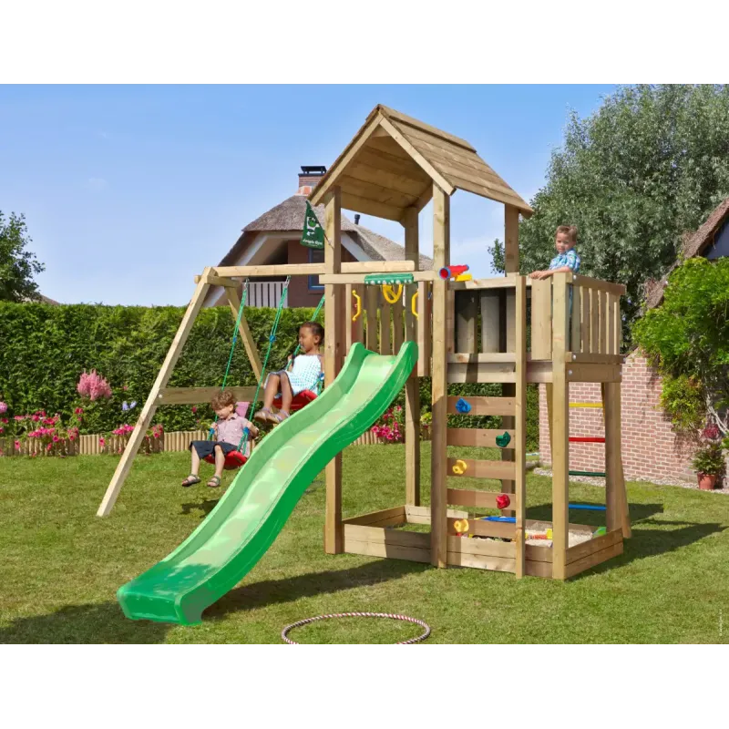 Legetårn Komplet Jungle Gym Mansion     Inkl  Swing Modul  120 Kg Sand Og Grøn Rutsjebane