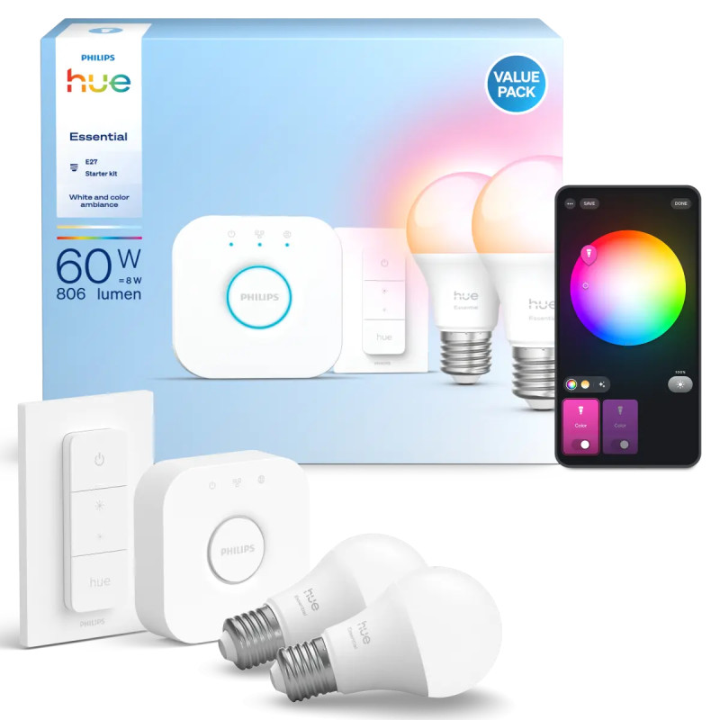 Philips Hue Essential White And Color Ambiance E27 Startsæt 806 Lm  -pak Med Dimmer Switch