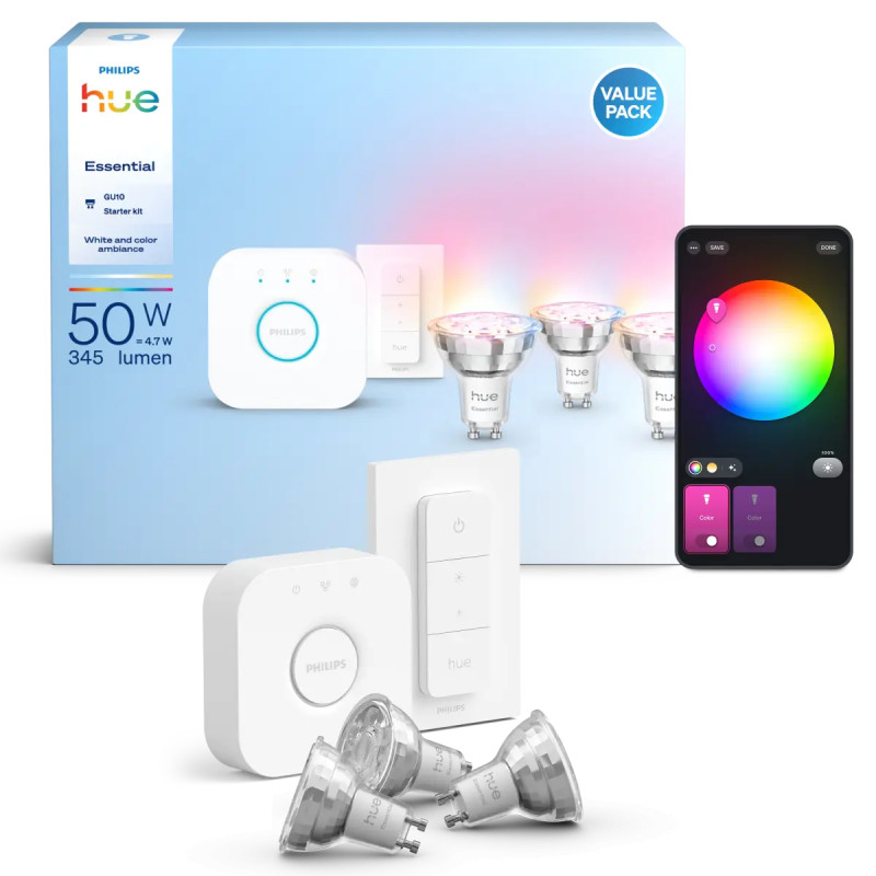 Philips Hue Essential White And Color Ambiance Gu10 Startsæt 345 Lm  -pak Med Bridge Og Dimmer Switch